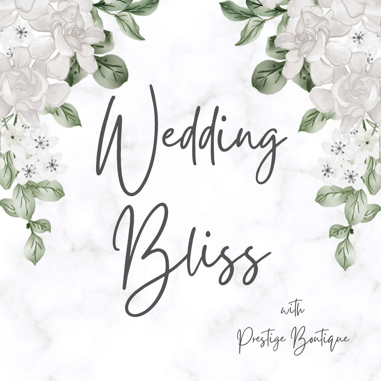 Wedding Bliss design featuring floral accents and branding for Prestige Boutique.