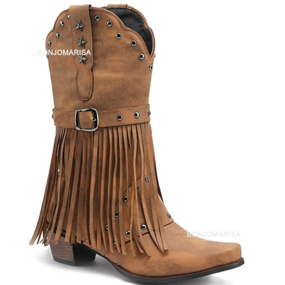 Cowboy Boots For Women Fringe Embroidery Flower Sweet Western Boots Cowgirls Roman Block High Heeled Shoes Autumn