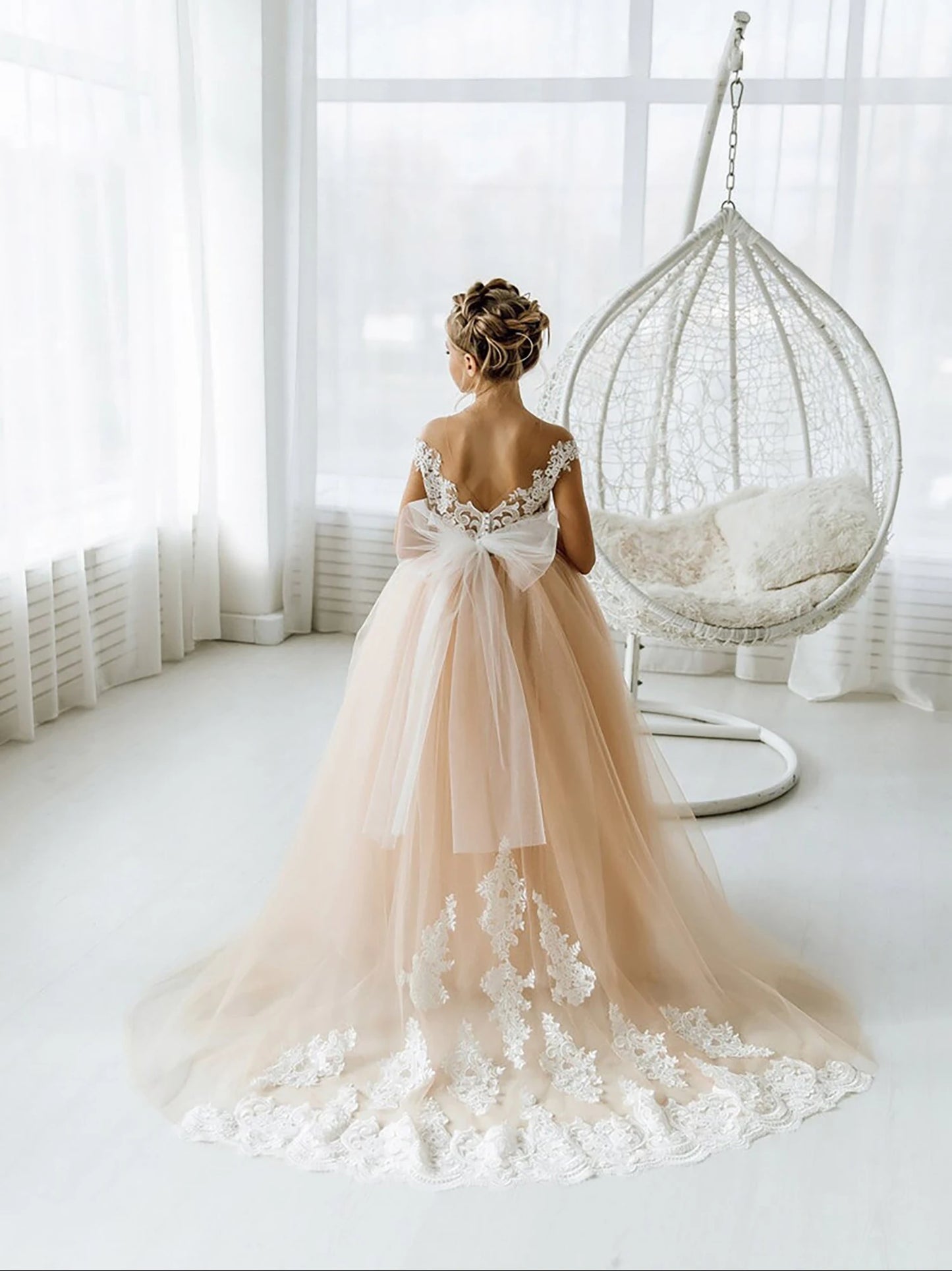 FATAPAESE 2-14 Years Lace Tulle Flower Girls Dress Princess for Kid Child Wedding Party Juniorbridesmaid Maxi Ball Gown Evening