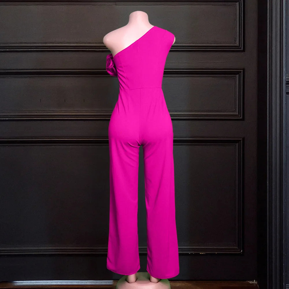 S-XXL Large Women's Jumpsuits Sexy One Shoulder Sleeveless Wood Ear Side High Waist Wide Leg Pants Ladies Commute Casual Rompers