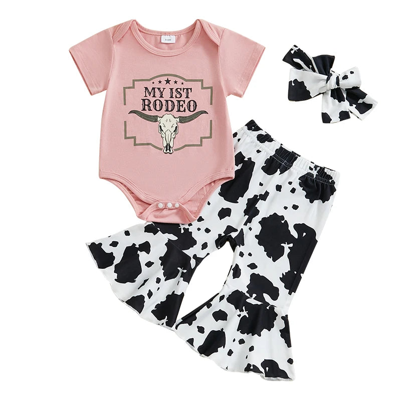 Western Baby Girl Clothes Boots or Bows Letter Bodysuit Romper Cow Print Flared Pants Headband Cowgirl Country Outfit