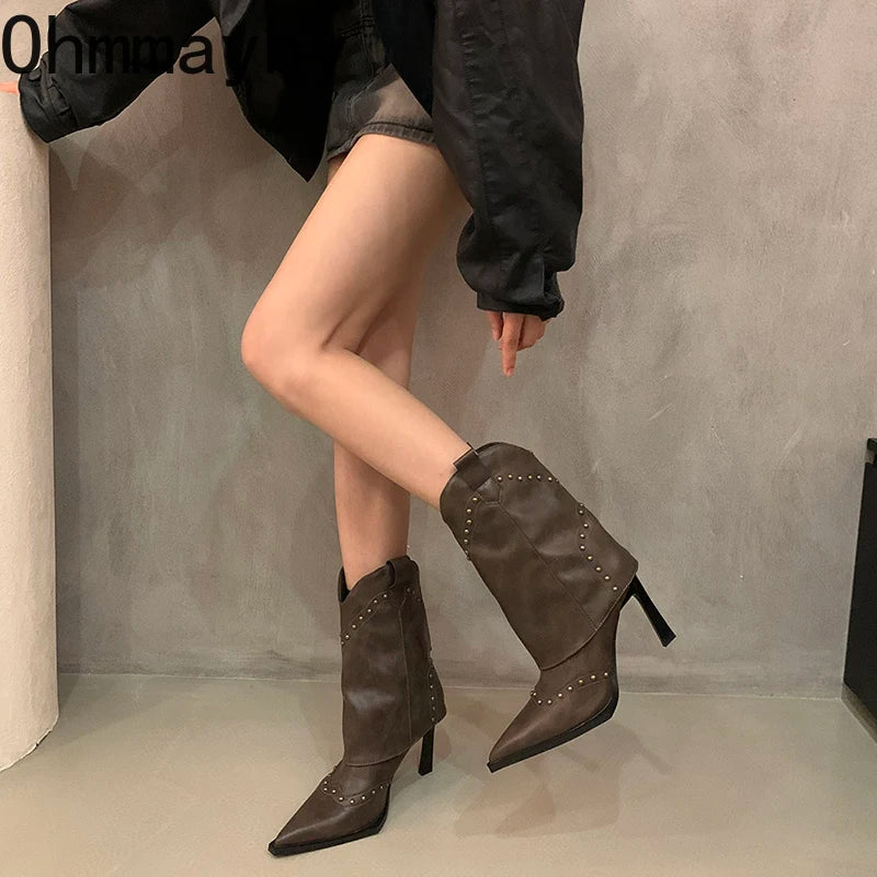 Vintage Rivet Women Western Cowgirl Boots Fashion Slip On Shoes Autumn Winter High Heel Women's Knight Short Booties