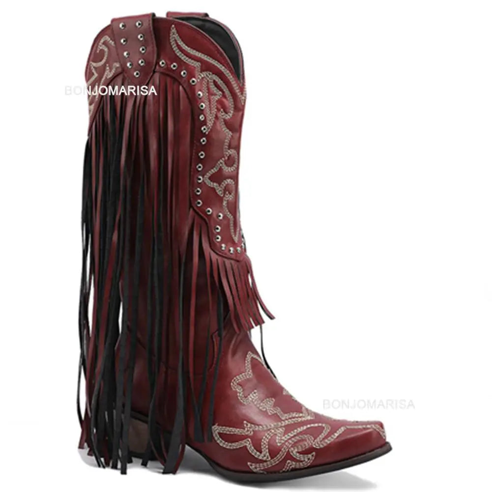 Cowboy Boots For Women Fringe Embroidery Flower Sweet Western Boots Cowgirls Roman Block High Heeled Shoes Autumn