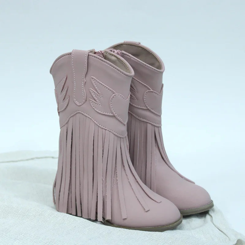Kids Vintage Western Cowgirls Boots Leather Tassel Princess Low Heeled Knee Boots Cowboys Winter Dress Shoes New Years Christmas