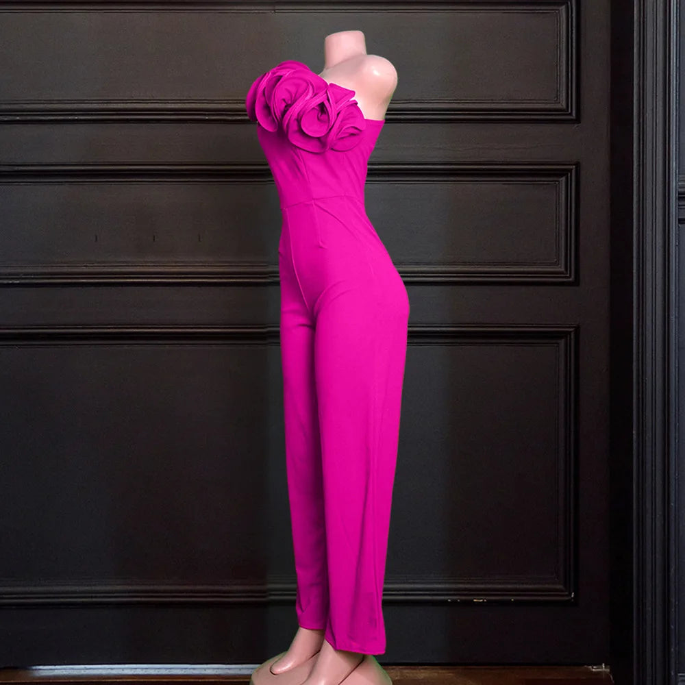S-XXL Large Women's Jumpsuits Sexy One Shoulder Sleeveless Wood Ear Side High Waist Wide Leg Pants Ladies Commute Casual Rompers