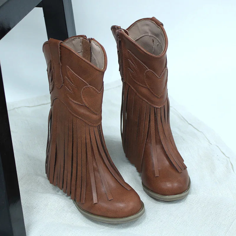 Kids Vintage Western Cowgirls Boots Leather Tassel Princess Low Heeled Knee Boots Cowboys Winter Dress Shoes New Years Christmas