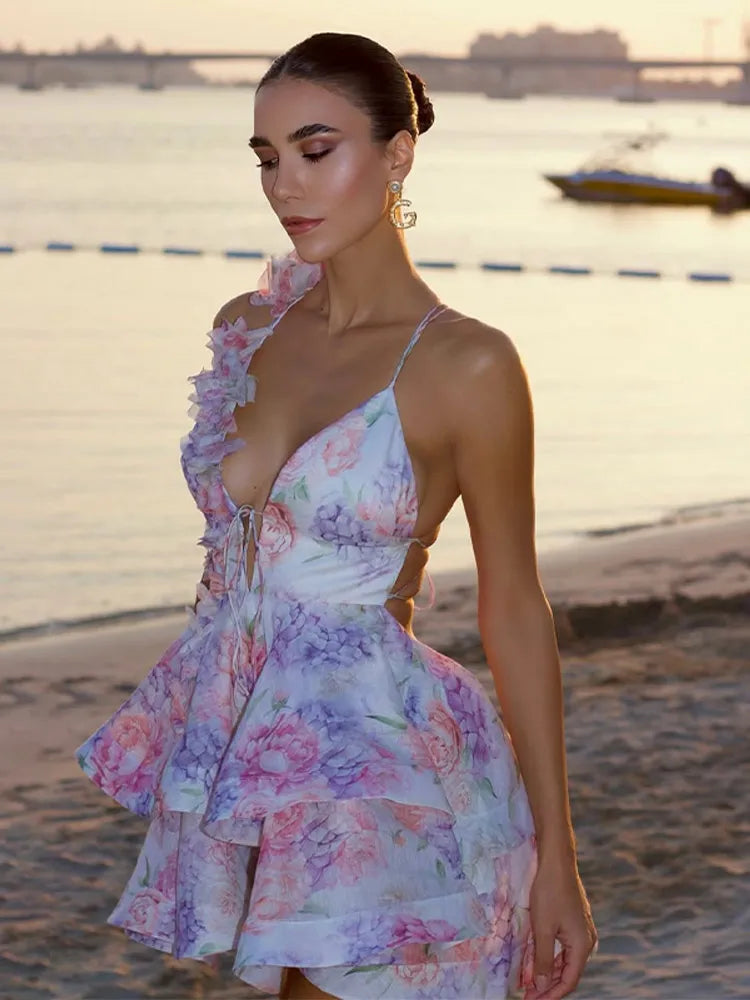 2025 Women Trendy Printed Party Dresses Elegant Flare Sleeve V Neck Pleated High Waist Vestidos Fashion Lady Chic Evening Gowns