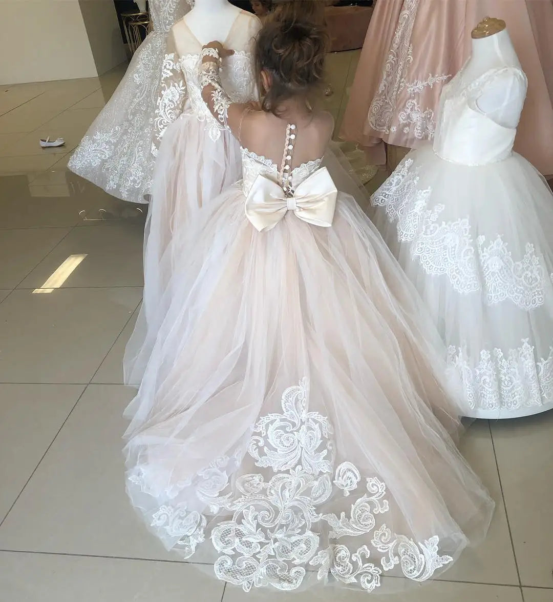 FATAPAESE 2-14 Years Lace Tulle Flower Girls Dress Princess for Kid Child Wedding Party Juniorbridesmaid Maxi Ball Gown Evening