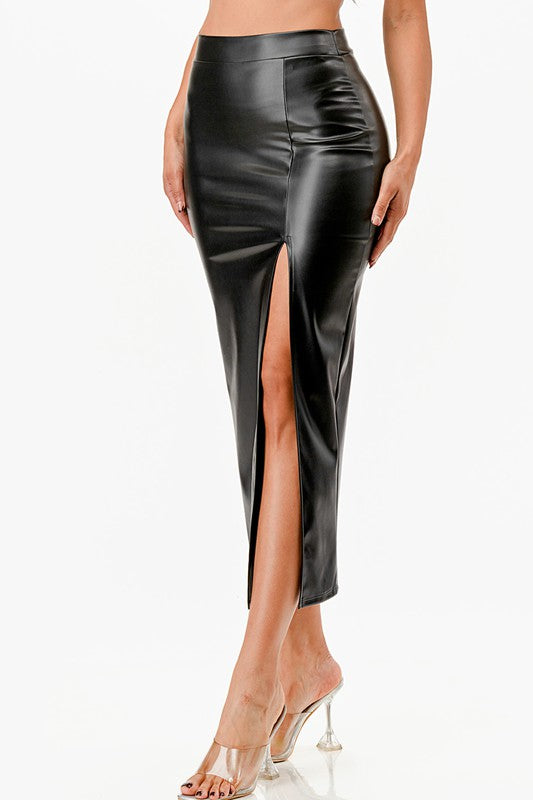 Long PU leather pencil skirt with open slit