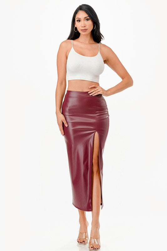 Long PU leather pencil skirt with open slit