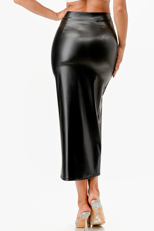 Long PU leather pencil skirt with open slit