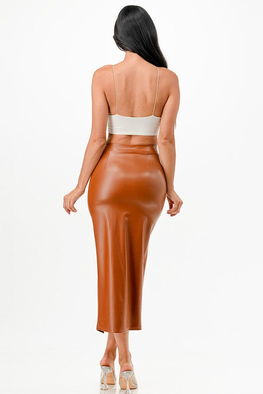 Long PU leather pencil skirt with open slit