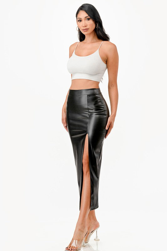 Long PU leather pencil skirt with open slit