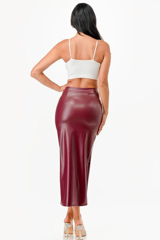 Long PU leather pencil skirt with open slit