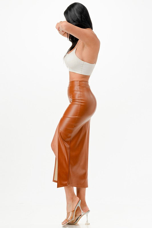 Long PU leather pencil skirt with open slit