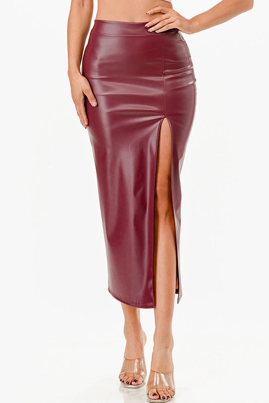 Long PU leather pencil skirt with open slit