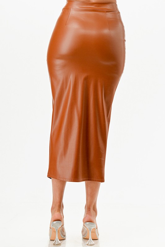 Long PU leather pencil skirt with open slit