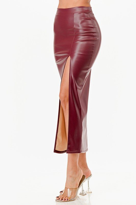 Long PU leather pencil skirt with open slit