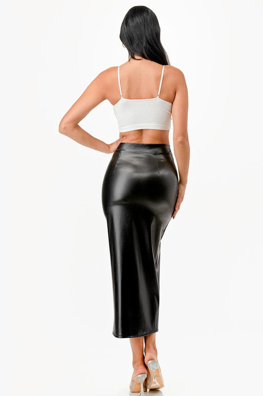 Long PU leather pencil skirt with open slit