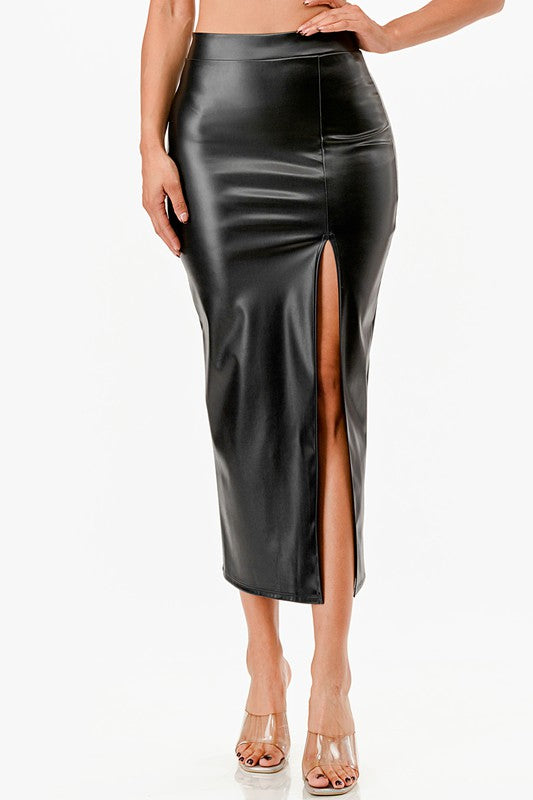 Long PU leather pencil skirt with open slit