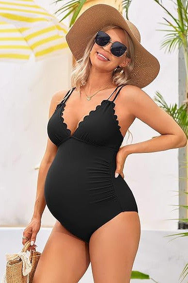 Scallop V Neck One Piece Maternity Swimsuit