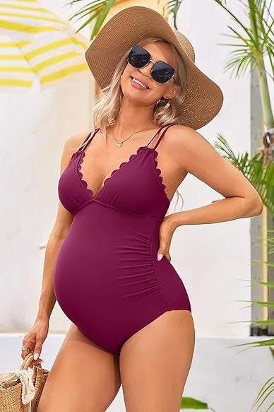 Scallop V Neck One Piece Maternity Swimsuit