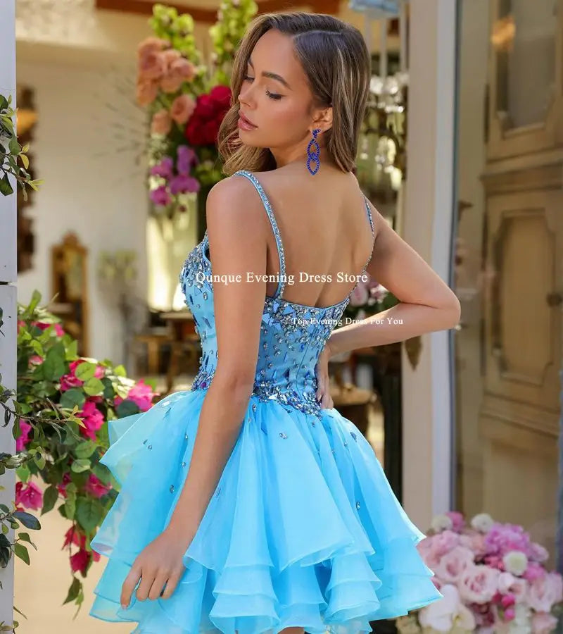 Qunque Customized Crystals Cocktail Dresses Short Evening Dresses For Women Sexy Spaghetti Straps Mini Tulle Formal Party Gowns