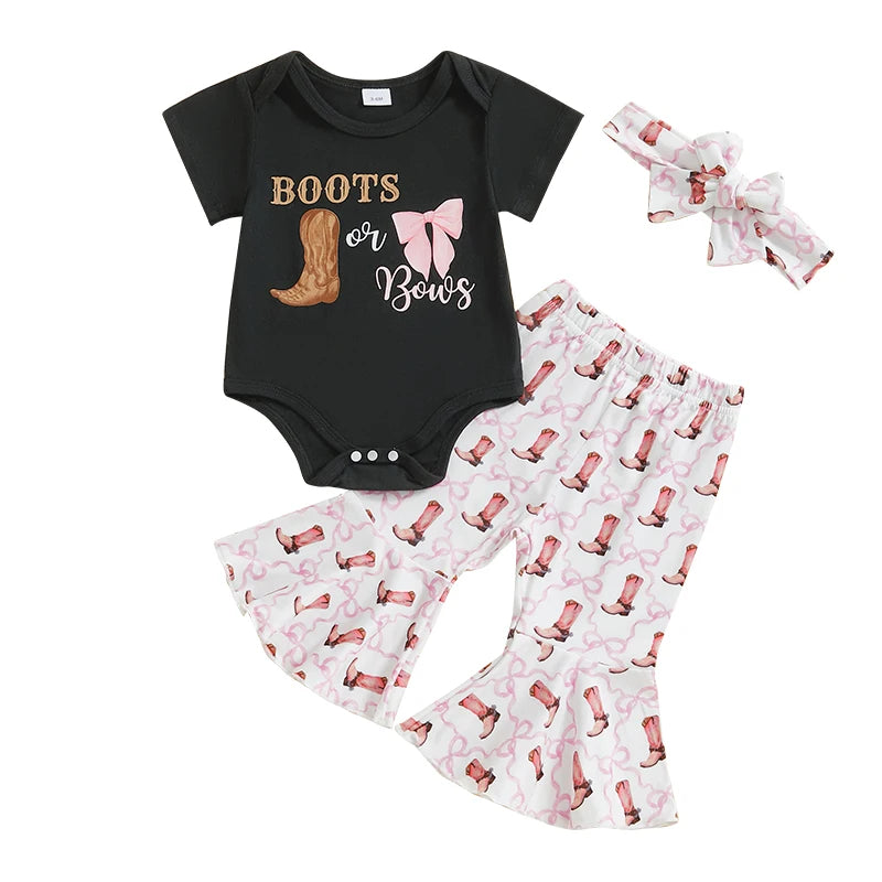 Western Baby Girl Clothes Boots or Bows Letter Bodysuit Romper Cow Print Flared Pants Headband Cowgirl Country Outfit