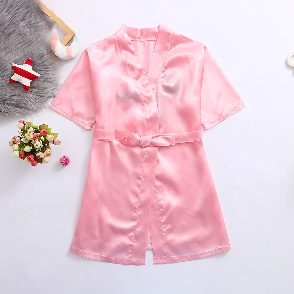 Toddler Baby Girls Satin Floral Kimono Robe Solid Color Flower Girl Bath Robes Spa Robes for Wedding Birthday Party Bridal Sleepwear Bathrobes
