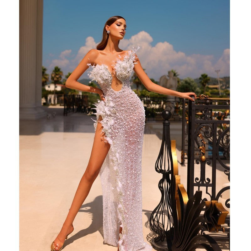 Women's Fashion Feather Split Long Dress