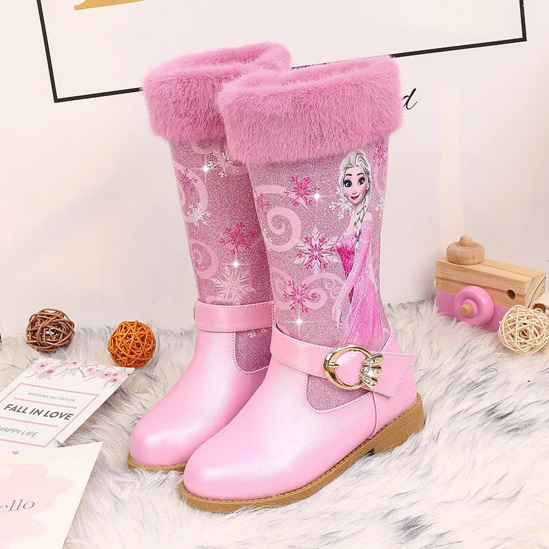 Disney Elsa Princess Kids High Boots Girls Winter Warm Plush Snow Boots Frozen Print Children's Over The Knee Boots Size 25-36