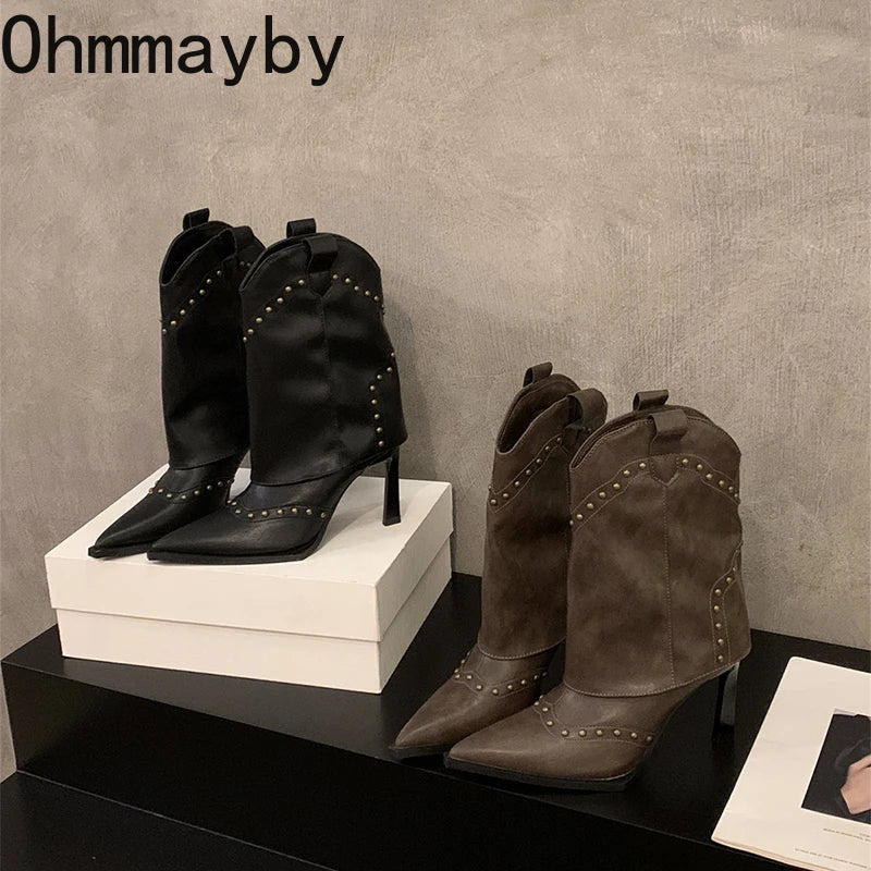 Vintage Rivet Women Western Cowgirl Boots Fashion Slip On Shoes Autumn Winter High Heel Women's Knight Short Booties