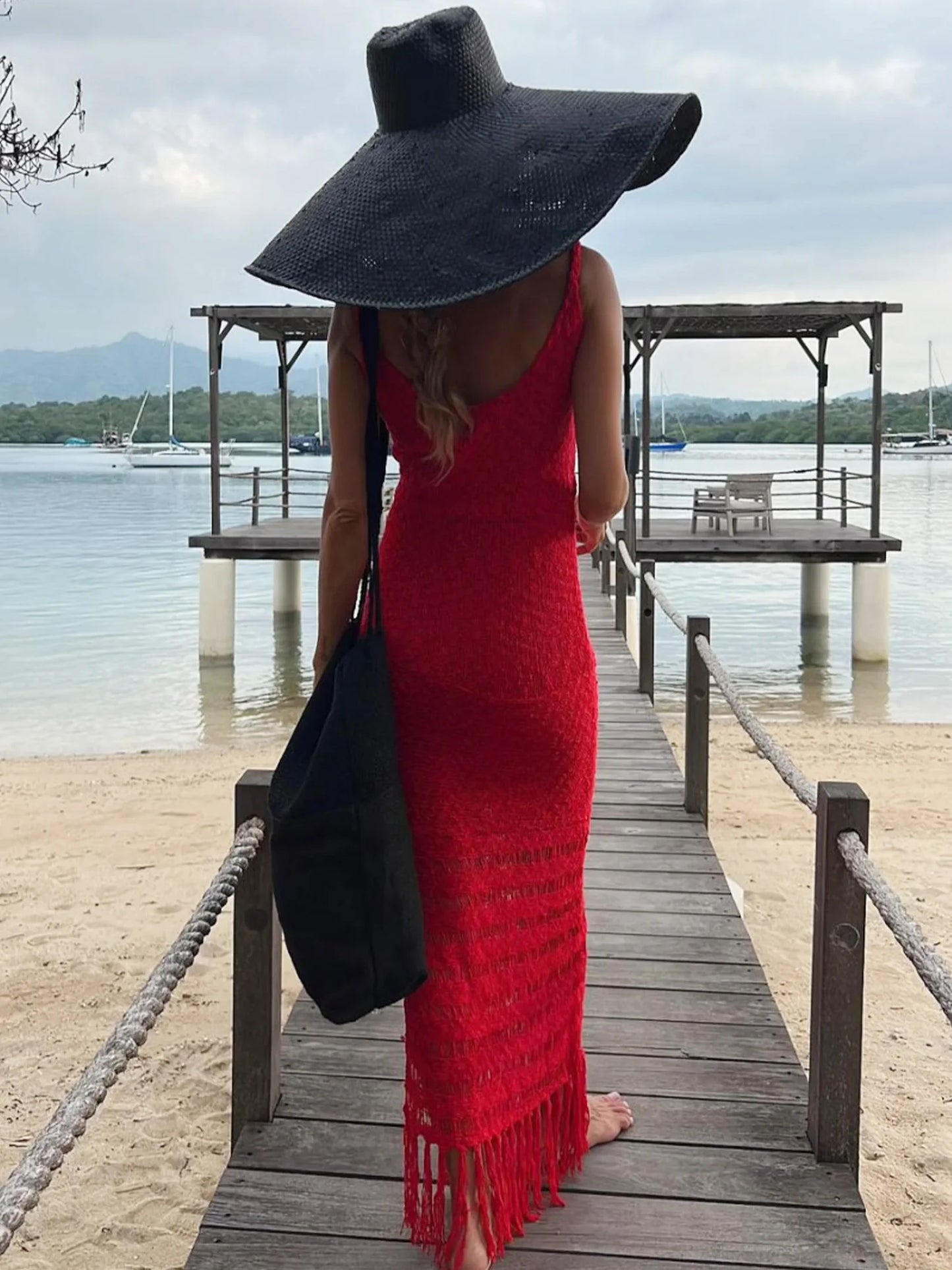 Sexy Swimsuit Bikini Cover-ups Knit Cut Out V-Neck Sleeveless Tassel Women Beach Maxi Dress 2024 Summer Vacation Dresses A2877