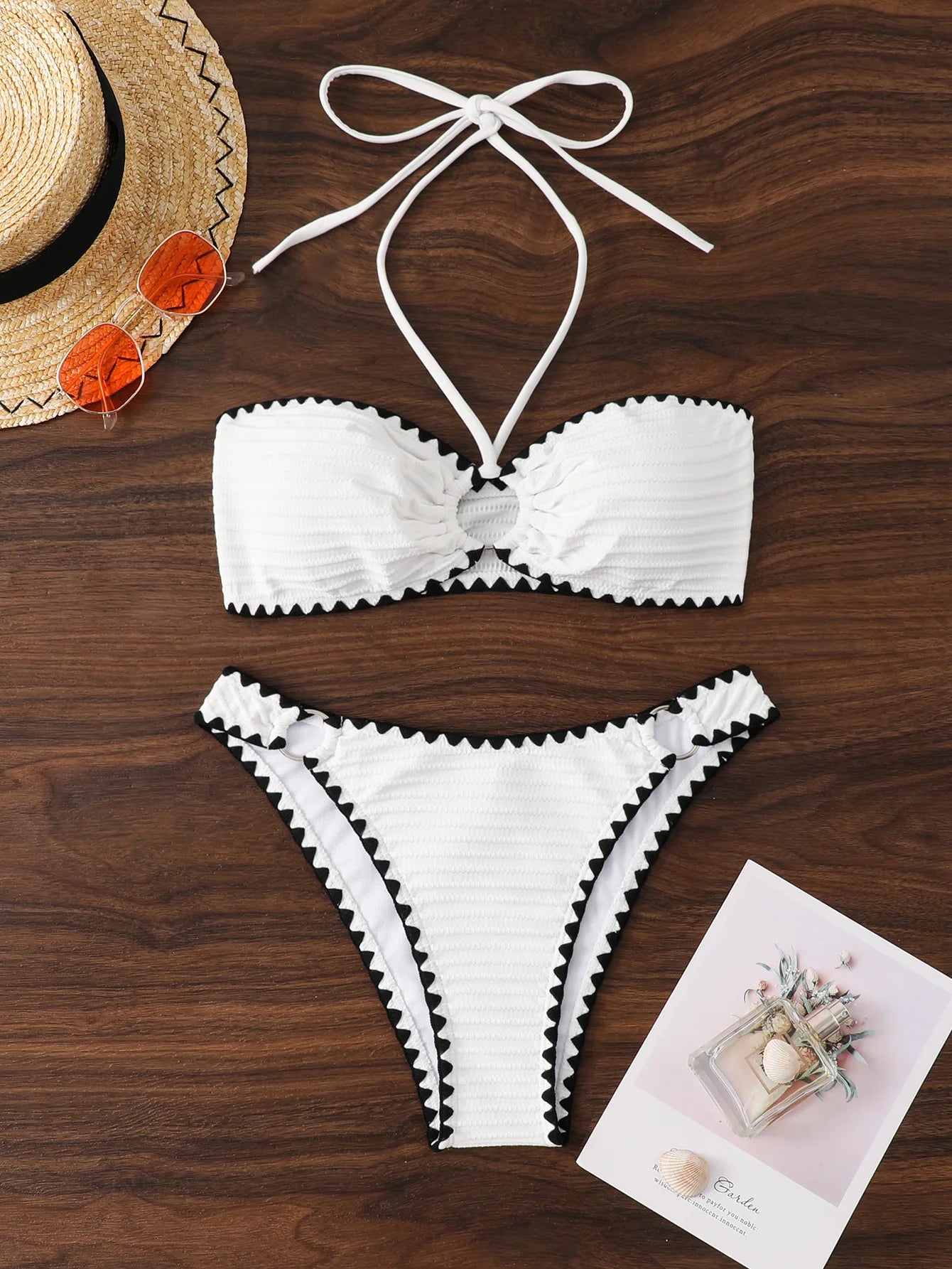 Swimwear White 2 Piece Strapless Swimsuit for Women Sexy Bandeau Backless Bikini Set Lace-up Patchwork Bathing Suit 2025 New