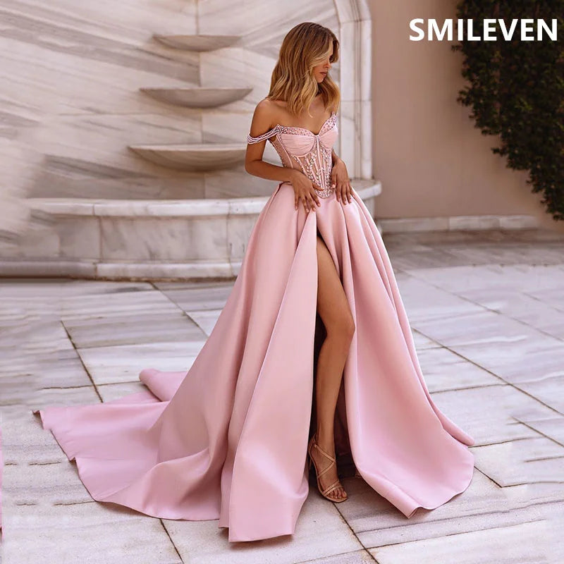 Smileven A-line Pink Prom Dress Off The Shoulder Backless Party Gowns Sweetheart Length Formal Evening Dress Customized 2024