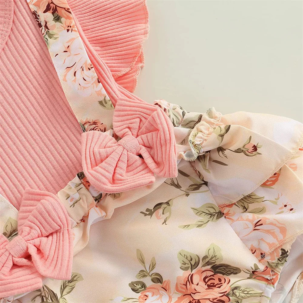 Summer Baby Girl Dress With Bowknot headband Striped Jumpsuit Cotton Dress For Newborn Floral Clothes Baby Crawling Clothes