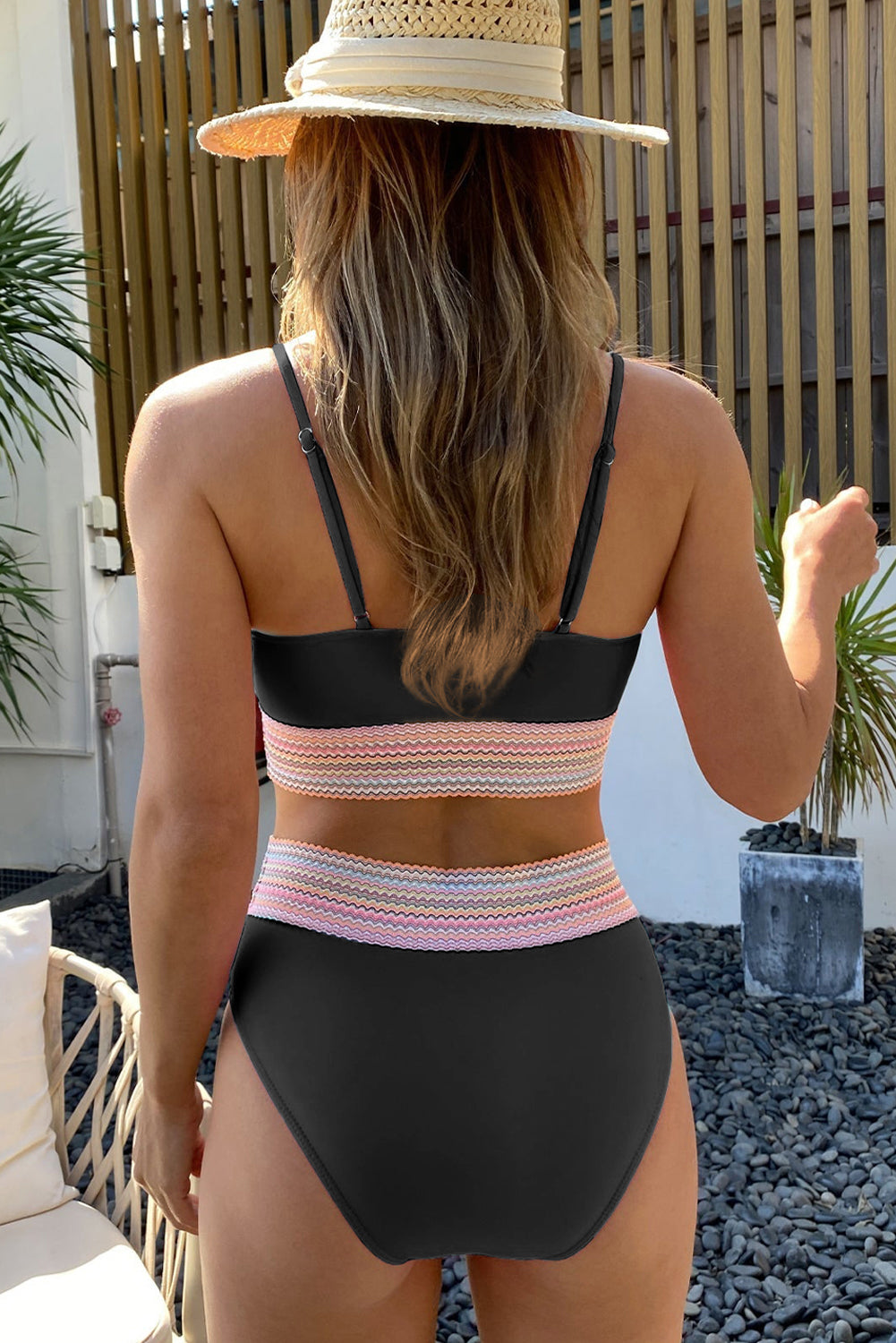 Turquoise Striped Patchwork Spaghetti Strap High Waist Bikini Swimsuit