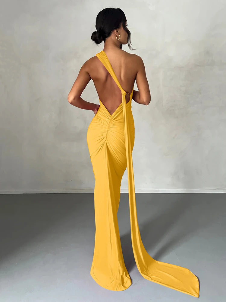 Hugcitar One Shoulder Backless Adjustable Scarf Loop Ruched Sexy Maxi Dress 2024 Women Elegant Y2K Streetwear Festival Outfit