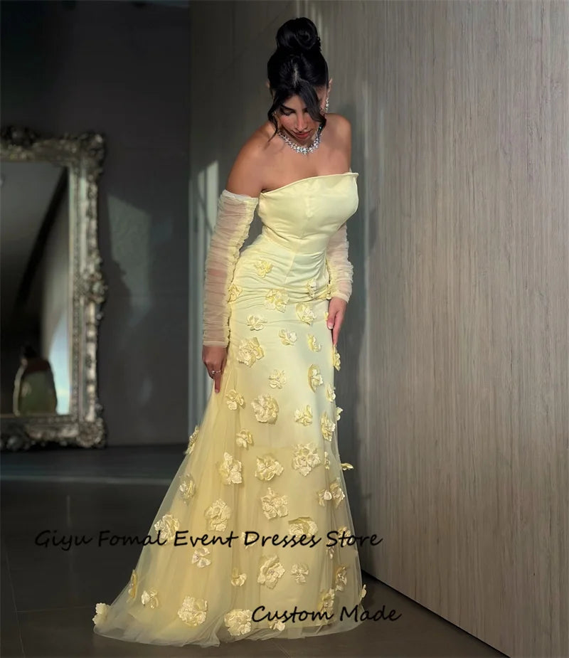 Giyu Luxury 3D Flowers Yellow Dubai Arabic Women Evening Dresses Mermaid Strapless Long Sleeves Floor length Prom Gowns Party