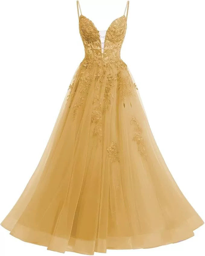 Women's Spaghetti Strap Tulle Long Applique Lace Dress With Long Dress