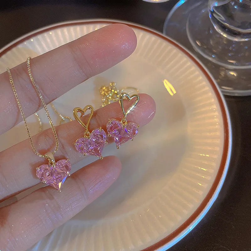 New Pink Necklace Cross Border Full Diamond Necklace Women s Peach Heart Bride Necklace Earring Set Jewelry