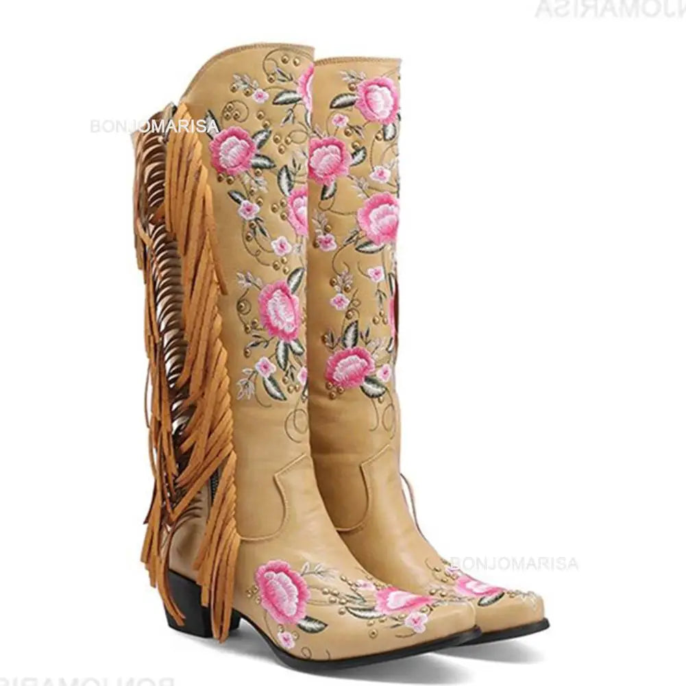 Cowboy Boots For Women Fringe Embroidery Flower Sweet Western Boots Cowgirls Roman Block High Heeled Shoes Autumn