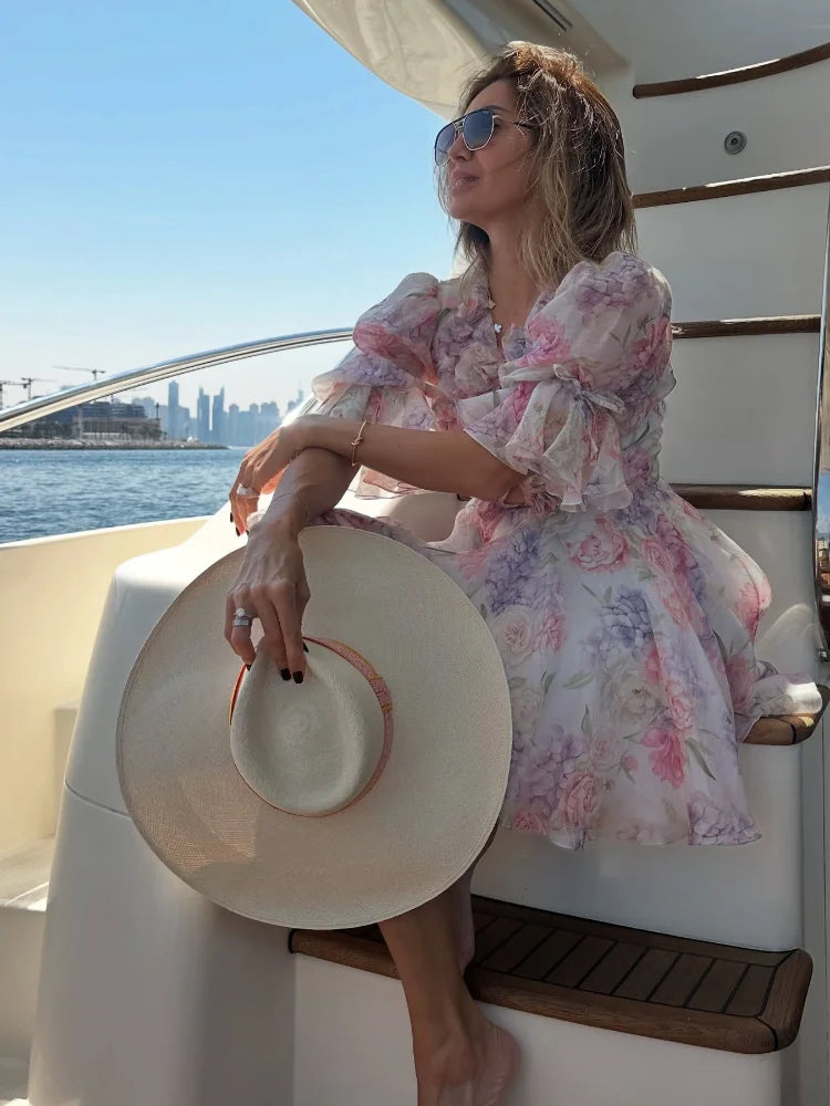 2025 Women Trendy Printed Party Dresses Elegant Flare Sleeve V Neck Pleated High Waist Vestidos Fashion Lady Chic Evening Gowns