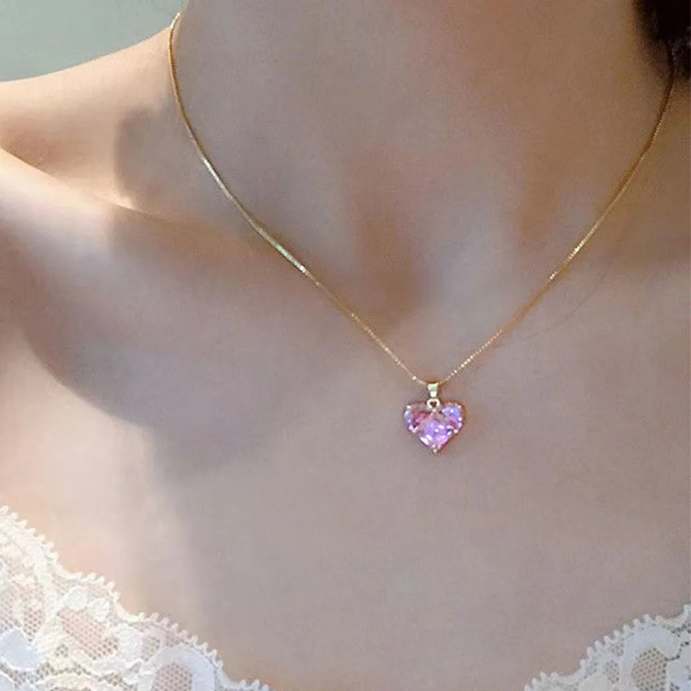 New Pink Necklace Cross Border Full Diamond Necklace Women s Peach Heart Bride Necklace Earring Set Jewelry