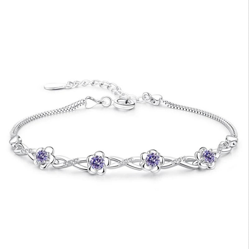Luxury 925 Sterling Silver Bracelets Purple White Zirconia Plum Flower Bracelets & Bangles For Women pulseira de Prata S-B51