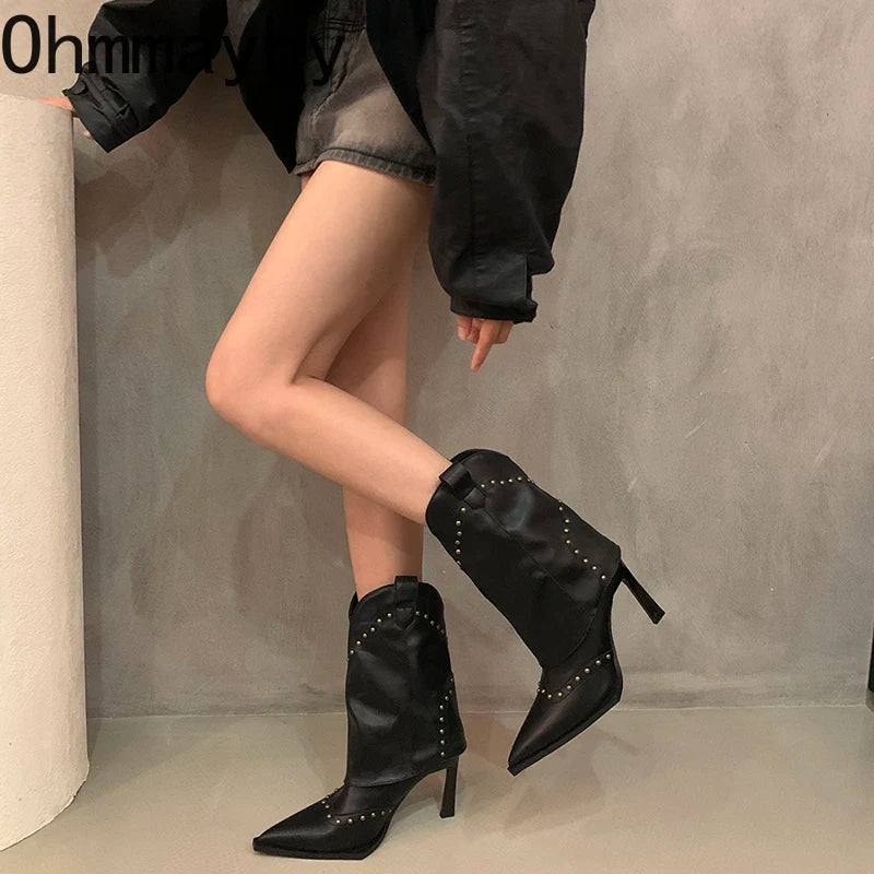 Vintage Rivet Women Western Cowgirl Boots Fashion Slip On Shoes Autumn Winter High Heel Women's Knight Short Booties