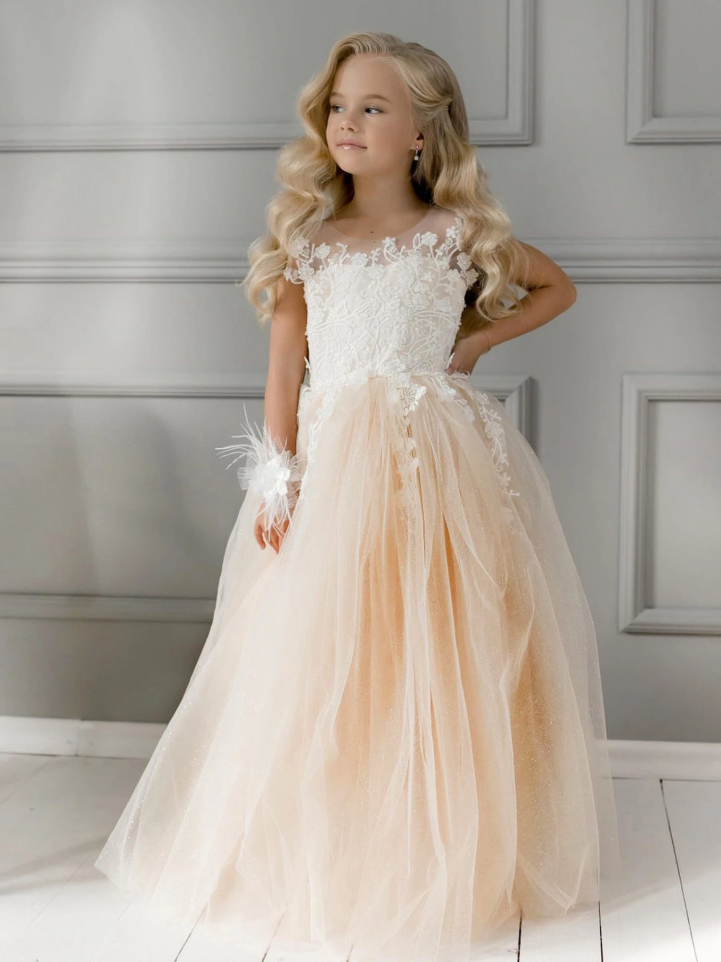 FATAPAESE 2-14 Years Lace Tulle Flower Girls Dress Princess for Kid Child Wedding Party Juniorbridesmaid Maxi Ball Gown Evening