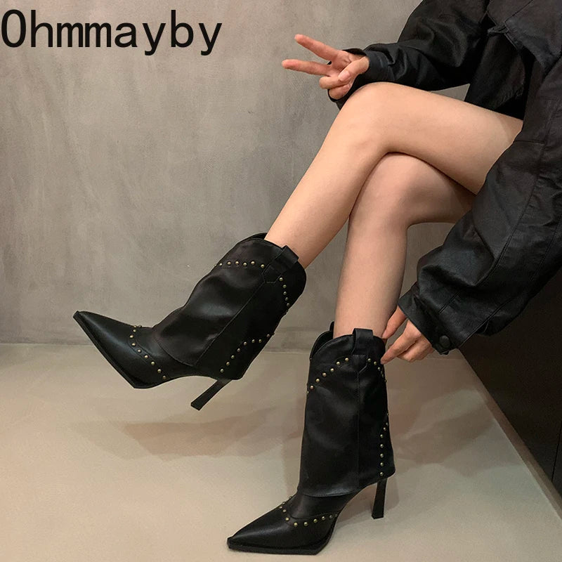 Vintage Rivet Women Western Cowgirl Boots Fashion Slip On Shoes Autumn Winter High Heel Women's Knight Short Booties