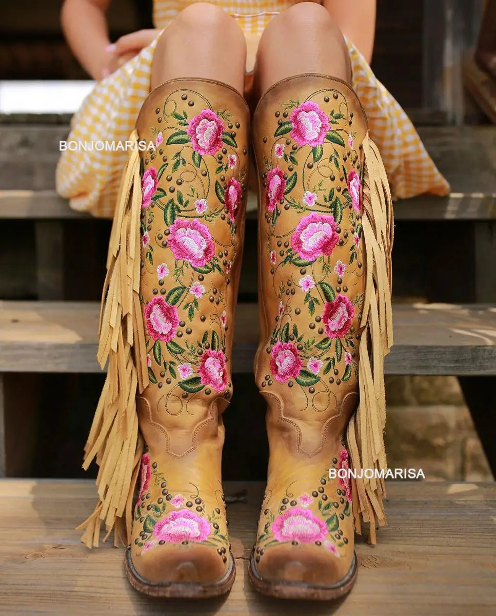 Cowboy Boots For Women Fringe Embroidery Flower Sweet Western Boots Cowgirls Roman Block High Heeled Shoes Autumn