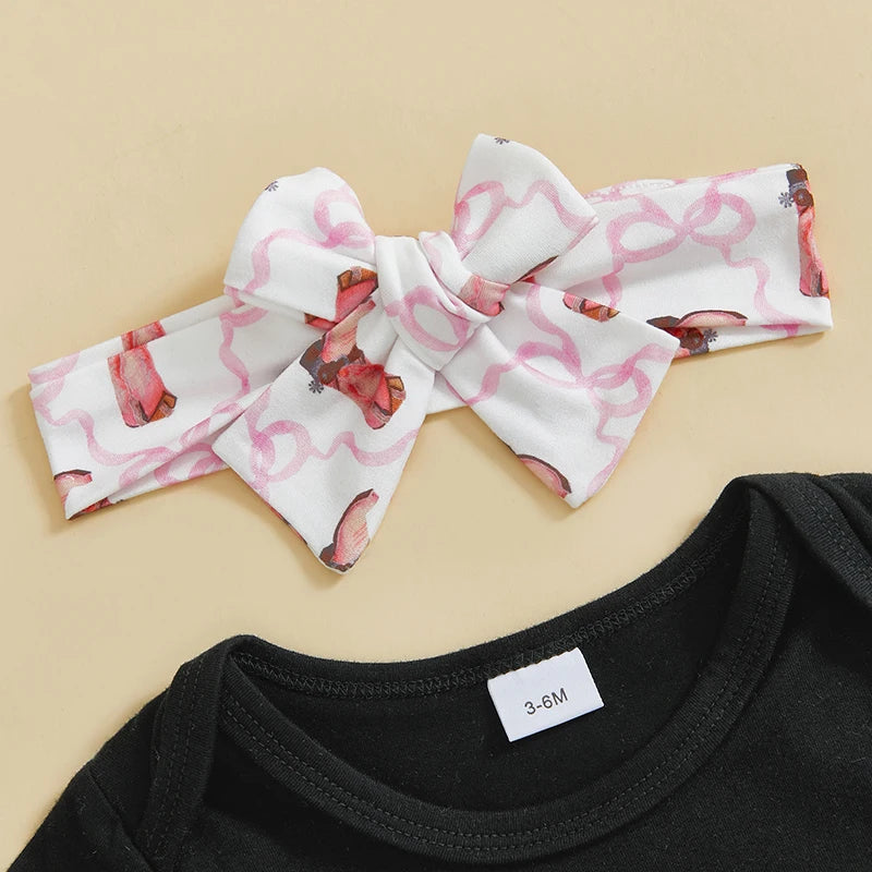 Western Baby Girl Clothes Boots or Bows Letter Bodysuit Romper Cow Print Flared Pants Headband Cowgirl Country Outfit